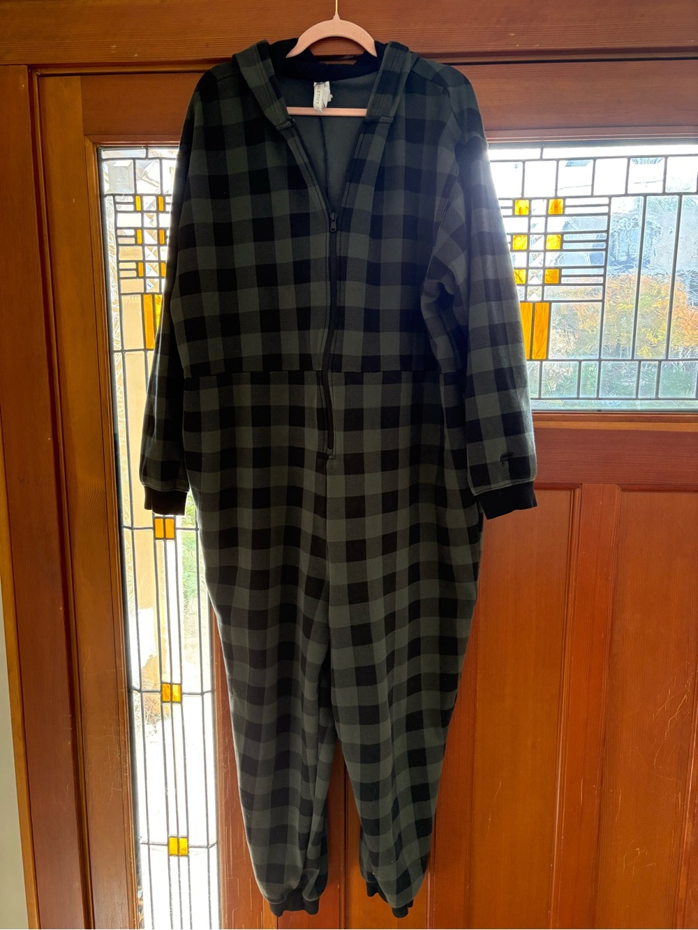 Fabletics Olive Green and Black Plaid Hooded Jumpsuit